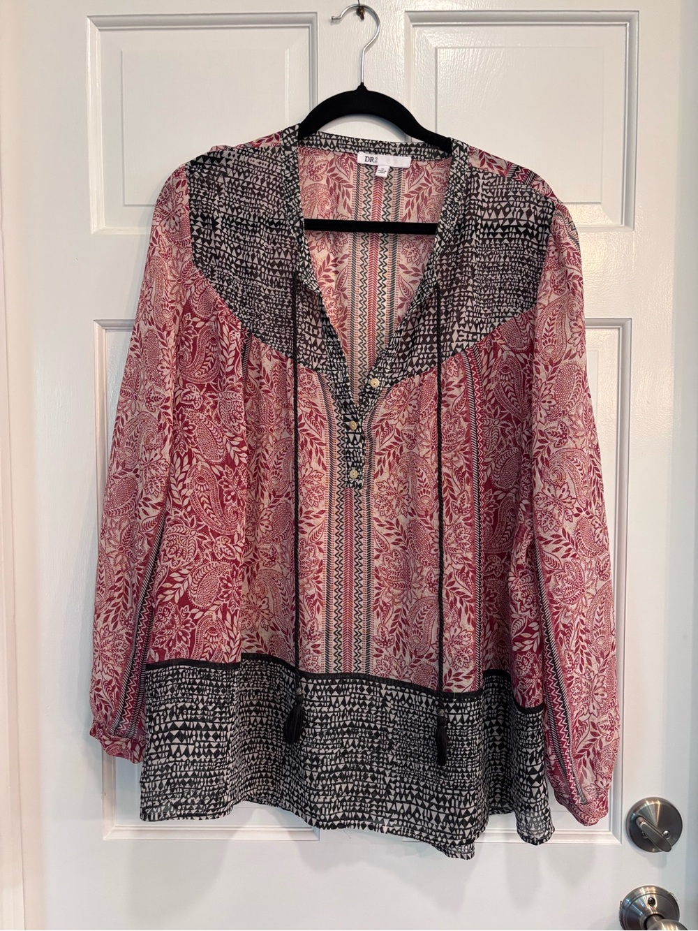 DR2 Red and Black Sheer Peasant Blouse XL